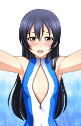 Rule 34 | 10s, 1girl, bare shoulders, blue hair, blush, breasts, flat chest, front zipper swimsuit, gradient background, highres, kenken, long hair, looking at viewer, love live!, love live! school idol project, meme attire, one-piece swimsuit, open mouth, small breasts, solo, sonoda umi, swimsuit, yellow eyes, zipper