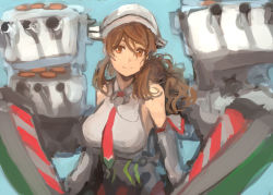 Rule 34 | 1girl, bare shoulders, blue background, breasts, brown eyes, brown hair, detached sleeves, hair between eyes, headdress, highres, kantai collection, large breasts, littorio (kancolle), long hair, long sleeves, moor, necktie, rigging, simple background, solo, upper body, wavy hair, white headwear