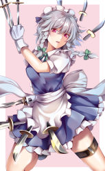 Rule 34 | 1girl, absurdres, apron, between fingers, blue dress, bow, braid, cowboy shot, dress, frilled apron, frilled skirt, frills, gloves, green bow, hair bow, highres, holding, holster, izayoi sakuya, knife, koizumo, looking at viewer, maid, maid apron, maid headdress, medium hair, pink eyes, puffy short sleeves, puffy sleeves, short sleeves, silver hair, skirt, solo, touhou, twin braids, waist apron, weapon, white gloves