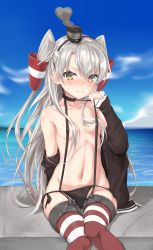 Rule 34 | 1girl, absurdres, amatsukaze (kancolle), black panties, blue sky, blush, breasts, brown dress, brown eyes, closed mouth, cloud, day, dress, garter straps, hair between eyes, hair tubes, hat, highres, kantai collection, long hair, mini hat, navel, no bra, panties, red thighhighs, sailor dress, short dress, silver hair, sitting, sky, small breasts, solo, striped, sutetete, thighhighs, two side up, underwear
