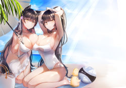 Rule 34 | 2girls, animal ears, atago (azur lane), atago (summer march) (azur lane), atago (summer march) (azur lane), azur lane, beach, beach mat, beach umbrella, bikini, black hair, blue sky, blush, bow, breasts, brown eyes, casual one-piece swimsuit, cleavage, criss-cross halter, day, extra ears, flower, hair bow, hair flower, hair ornament, halterneck, highres, holding, holding umbrella, large breasts, long hair, looking at viewer, manjuu (azur lane), mole, mole under eye, multiple girls, navel, one-piece swimsuit, outdoors, pnatsu, ponytail, ribbon, sitting, sky, smile, sunlight, swimsuit, takao (azur lane), takao (beach rhapsody) (azur lane), umbrella, very long hair, wariza, white bikini, white bow