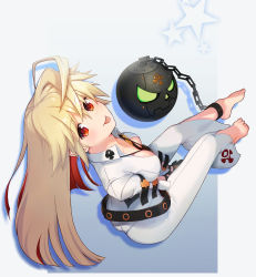 Rule 34 | 1girl, :p, absurdres, ass, ball and chain restraint, barefoot, belt, blonde hair, breasts, breasts apart, collarbone, feet, guilty gear, guilty gear xrd, highres, jack-o&#039; valentine, k1 (erin22), legs, long hair, looking at viewer, looking up, multicolored hair, no bra, red eyes, red hair, solo, thighs, toes, tongue, tongue out