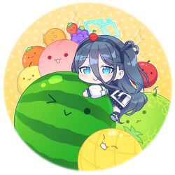 Rule 34 | 1girl, absurdly long hair, apple, aris (blue archive), black hair, black hairband, black socks, blue archive, blue eyes, blue halo, blush, cherry, closed mouth, dekopon (fruit), food, fruit, grapes, hairband, halo, highres, jacket, kaoling, long hair, long sleeves, melon, one side up, open clothes, open jacket, peach, pear, persimmon, pineapple, ringed eyes, shoes, smile, socks, solo, strawberry, suika game, very long hair, watermelon, white footwear, white jacket
