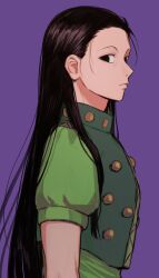 Rule 34 | 1boy, black eyes, black hair, commentary, english commentary, frown, highres, hunter x hunter, illumi zoldyck, long hair, looking at viewer, male focus, oh myowa666, purple background, simple background, solo, upper body