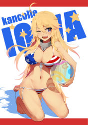 Rule 34 | &gt;;d, 10s, 1girl, ;d, american flag bikini, ball, bba1985, beachball, bikini, blonde hair, blue eyes, breasts, commentary request, flag print, full body, highres, iowa (kancolle), kantai collection, large breasts, long hair, one eye closed, open mouth, revision, smile, solo, star-shaped pupils, star (symbol), swimsuit, symbol-shaped pupils, v-shaped eyebrows