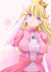 Rule 34 | 1girl, absurdres, arm at side, blonde hair, blue eyes, brooch, closed mouth, crown, dress, earrings, elbow gloves, gem, gloves, hand in own hair, hand up, head tilt, highres, jewelry, light smile, lips, long hair, looking at viewer, mario (series), migimaki (migi mawashi), nintendo, pink dress, pink legwear, pink theme, princess peach, puffy short sleeves, puffy sleeves, short sleeves, solo, upper body