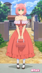 Rule 34 | 1girl, absurdres, bag, bare shoulders, blush, breasts, cleavage, cloud, collarbone, dress, frilled dress, frills, full body, futoku no guild, hair ribbon, hanabata nohkins, handbag, highres, huge breasts, looking at viewer, outdoors, pink hair, pink ribbon, pleated dress, red dress, ribbon, screencap, short hair, sky, solo, stitched, third-party edit