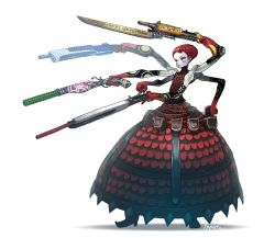Rule 34 | 1girl, dress, extra arms, female focus, gun, ippatu, monster girl, original, pale skin, red hair, signature, simple background, solo, weapon, white background