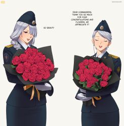 Rule 34 | 2girls, absurdres, ak-12 (girls&#039; frontline), ak-15 (girls&#039; frontline), alternate costume, alternate hairstyle, black headwear, black jacket, black skirt, blush, boosty username, bouquet, braid, closed eyes, commentary, earrings, english commentary, english text, flower, fsb, garrison cap, girls&#039; frontline, gloves, grey hair, hair over one eye, hat, highres, holding, holding bouquet, j adsen, jacket, jewelry, mixed-language commentary, multiple girls, open mouth, police, police uniform, policewoman, purple eyes, red flower, red lips, red rose, rose, russian commentary, simple background, skirt, smile, teeth, uniform, upper teeth only, white gloves