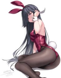 Rule 34 | 1girl, alternate costume, animal ears, ass, black hair, black leotard, black pantyhose, blush, bow, bowtie, breasts, commentary request, dated, detached collar, fake animal ears, fake tail, hair over one eye, hand in own hair, hayashimo (kancolle), highres, kantai collection, leotard, long hair, looking at viewer, medium breasts, pantyhose, playboy bunny, purple leotard, rabbit ears, rabbit tail, red leotard, ribbon, rokuwata tomoe, side-tie leotard, simple background, sitting, solo, strapless, strapless leotard, tail, twitter username, white background, wrist cuffs, yokozuwari