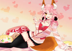 Rule 34 | 1girl, animal ear fluff, animal ears, archer (fate), black hairband, black thighhighs, bra, breasts, brown eyes, cleavage, fang, fate/extra, fate/extra ccc, fate (series), fingernails, fox ears, fox girl, fox shadow puppet, fox tail, gilgamesh (fate), green eyes, hair between eyes, hairband, heart, heart background, hood, hoodie, jewelry, large breasts, long hair, looking at viewer, lying, merokonbu0, nail polish, necklace, nero claudius (fate), nero claudius (fate) (all), nero claudius (fate/extra), official alternate costume, on bed, on side, one eye closed, open clothes, open hoodie, open mouth, pillow, pink bra, pink hair, pink hoodie, pink nails, red eyes, ribbon, sidelocks, smile, solo, spring casual, tail, tamamo (fate), tamamo no mae (fate/extra), tamamo no mae (spring casual) (fate), thighhighs, thighs, underwear, v-shaped eyebrows, white ribbon, yellow eyes, yes-no pillow, zipper