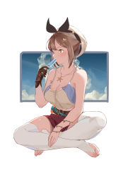 Rule 34 | 1girl, absurdres, atelier (series), atelier ryza, atelier ryza 1, belt, breasts, brown eyes, brown gloves, brown hair, cleavage, collarbone, eating, food, full body, gloves, hat, highres, holding, holding food, indian style, jewelry, large breasts, looking away, necklace, pandako, popsicle, red shorts, reisalin stout, short hair, short shorts, shorts, single glove, sitting, solo, star (symbol), thighhighs, white background, white hat