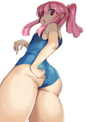 Rule 34 | 1girl, adjusting clothes, adjusting swimsuit, ass, bare arms, bare shoulders, breasts, from below, hair between eyes, highres, jakuzure nonon, kill la kill, looking down, matching hair/eyes, nico-mo, one-piece swimsuit, pink eyes, pink hair, ponytail, school swimsuit, sidelocks, simple background, small breasts, solo, swimsuit, thighs, white background