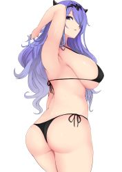 Rule 34 | 1girl, absurdres, alternate costume, armpits, arms up, ass, bikini, black bikini, blush, breasts, camilla (fire emblem), commentary request, erimiko, female focus, fire emblem, fire emblem fates, hair between eyes, hair ornament, hair over one eye, highres, large breasts, long hair, looking at viewer, matching hair/eyes, micro bikini, nintendo, plump, purple eyes, purple hair, side-tie bikini bottom, sideboob, simple background, smile, solo, standing, sweat, swimsuit, thighs, thong, thong bikini, underboob, wavy hair, white background