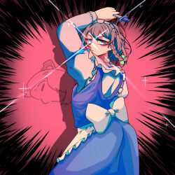 Rule 34 | 1girl, apron, arm up, back bow, blue dress, blue eyes, blush, bow, breasts, closed mouth, commentary request, cowboy shot, dress, from behind, frown, glint, green bow, grey hair, hair bow, highres, holding, holding knife, izayoi sakuya, juliet sleeves, knife, kurodani yamame, long sleeves, looking at viewer, looking back, maid, maid headdress, pinafore dress, pink background, puffy sleeves, rinyamame, shirt, short hair, sleeveless dress, small breasts, solo, throwing knife, touhou, v-shaped eyebrows, waist apron, waist bow, weapon, white apron, white bow, white shirt