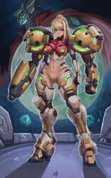 Rule 34 | 1girl, adapted costume, armor, armored boots, artist name, blonde hair, blue eyes, boots, breasts, cape, chinese commentary, clenched hand, commentary, english commentary, extra arms, full body, gluteal fold, groin, high ponytail, highres, large breasts, looking at viewer, mechanical arms, metroid, metroid (creature), metroid dread, mixed-language commentary, mole, mole under mouth, moon, navel, nintendo, power armor, power suit, raven beak (metroid), red cape, samus aran, standing, strapless bottom, swwhenry, thighs, v-shaped eyebrows
