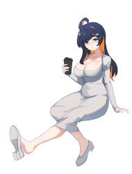 Rule 34 | 1girl, :o, ahoge, aningay, black hair, blue eyes, blush, breasts, character request, cleavage, commentary request, cropped jacket, cup, disposable cup, dongtan dress, dress, full body, grey dress, grey footwear, grey jacket, hair ornament, hairclip, highres, holding, holding cup, indie virtual youtuber, jacket, korean commentary, large breasts, long hair, long sleeves, looking at viewer, meme attire, multicolored hair, nose blush, open clothes, open jacket, orange hair, parted lips, shoe soles, shoes, short eyebrows, simple background, sleeves past wrists, solo, thick eyebrows, two-tone hair, very long hair, virtual youtuber, white background