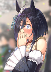 Rule 34 | 1girl, abo (hechouchou), animal ears, black hair, blue eyes, blush, bob cut, commentary, covering own mouth, crying, detached sleeves, dirndl, eishin flash (umamusume), from side, german clothes, horse ears, horse girl, scrunchie, shirt, short hair, solo, umamusume, upper body, white scrunchie, white shirt, wide sleeves