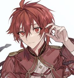 Rule 34 | 1boy, closed mouth, earrings, idol clothes, idolish7, jacket, jewelry, long sleeves, looking at viewer, male focus, nanase riku, red eyes, red hair, red jacket, shirt, short hair, smile, solo, tamotui7, white background, white shirt