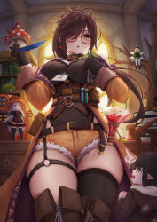 4girls :o belt black_gloves black_thighhighs book boots breasts brown_coat brown_eyes brown_hair coat fairy glasses gloves hair_over_one_eye highres holding holding_book indoors kinoko_kun large_breasts long_hair multiple_girls original short_shorts shorts single_thighhigh thick_thighs thigh_boots thigh_strap thighhighs thighs