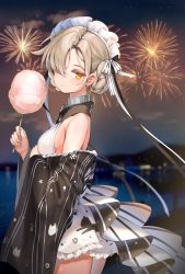 Rule 34 | 1girl, aerial fireworks, azur lane, bare shoulders, blurry, blurry background, bokeh, braid, breasts, closed mouth, commentary request, cotton candy, cowboy shot, depth of field, detached sleeves, dress, fireworks, food, frilled dress, frills, from side, hair over one eye, hair ribbon, highres, holding, holding food, kiyosato 0928, long sleeves, looking at viewer, looking to the side, maid headdress, night, orange eyes, outdoors, ribbon, sheffield (a moment&#039;s respite) (azur lane), sheffield (azur lane), short hair, sidelocks, silver hair, small breasts, solo, standing, white dress, wide sleeves