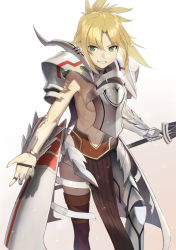 Rule 34 | 1girl, absurdres, armor, armored dress, bad id, bad pixiv id, blonde hair, breastplate, fate/apocrypha, fate/grand order, fate (series), gloves, green eyes, highres, holding, holding sword, holding weapon, keli bang, looking at viewer, midriff, mordred (fate), mordred (fate/apocrypha), navel, no bra, parted lips, pelvic curtain, ponytail, ribs, shoulder armor, simple background, solo, sword, teeth, thighhighs, weapon, white background