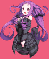 Rule 34 | 1girl, absurdres, bad id, bad pixiv id, belt, black dress, choker, detached sleeves, dress, drill hair, full body, ghost, ghost tail, highres, long hair, looking at viewer, open mouth, original, purple hair, red background, red eyes, relila, simple background, solo, teeth, very long hair