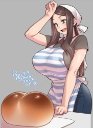 Rule 34 | 1girl, agawa ryou, apron, bread, breasts, denim, food, huge breasts, jeans, pants, solo, standing, wiping forehead