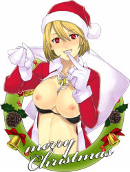 Rule 34 | 1girl, bell, blonde hair, bra, bra pull, breasts, christmas, clothes pull, gloves, hat, large breasts, lingerie, meiko (vocaloid), nipples, open clothes, open shirt, ozonenozo, red eyes, santa costume, santa hat, shirt, solo, underwear, vocaloid, white gloves