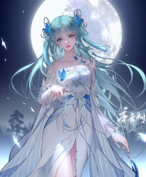 Rule 34 | 1girl, absurdres, artist request, bare shoulders, blue eyes, bug, butterfly, butterfly hair ornament, closed mouth, detached sleeves, douluo dalu, earrings, full moon, hair ornament, highres, index finger raised, insect, jewelry, long hair, moon, necklace, night, pointing, pointing at viewer, second-party source, smile, solo, tang wutong (douluo dalu), tassel, tassel hair ornament, tree