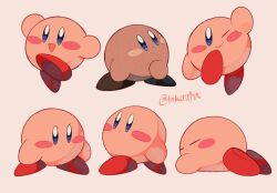 Rule 34 | :d, ;), arm up, artist name, blue eyes, blush, blush stickers, closed eyes, closed mouth, commentary request, happy, highres, kirby, kirby (series), looking at viewer, looking away, looking to the side, lying, nintendo, no humans, on stomach, one eye closed, open mouth, shadow kirby, simple background, sleeping, smile, tokuura, twitter username, v-shaped eyebrows, white background