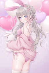 Rule 34 | 1girl, animal ears, ass, balloon, bare back, bare shoulders, blue eyes, bra, braid, breasts, closed mouth, cowboy shot, hugging doll, fake animal ears, from behind, front-tie bra, front-tie top, gradient eyes, grey hair, heart balloon, highres, jacket, lace, lace-trimmed panties, lace trim, long hair, long sleeves, looking at viewer, looking back, multicolored eyes, hugging object, off shoulder, open clothes, open jacket, original, panties, pink bra, pink jacket, pink panties, purple eyes, rabbit ears, shano hiyori, side-tie panties, small breasts, solo, standing, string bra, string panties, stuffed animal, stuffed rabbit, stuffed toy, thighhighs, thighs, twintails, underwear, white thighhighs