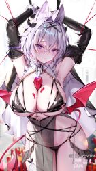 Rule 34 | 1girl, animal ears, armpits, arms up, between breasts, black gloves, black panties, bound, breasts, candle, candle wax, cleavage, covered erect nipples, demon girl, demon tail, demon wings, dripping, elbow gloves, gloves, headdress, highres, hwansang jungdog, large breasts, leaning forward, looking at viewer, navel, nun, original, panties, pelvic curtain, purple eyes, restrained, revealing clothes, seductive smile, see-through, smile, tail, thigh gap, thighs, thong, underwear, white hair, wings