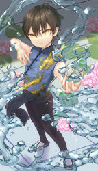 Rule 34 | 1boy, bare arms, black hair, black legwear, child, chinese clothes, closed mouth, dragon, element bending, flower, highres, looking at viewer, male focus, original, outdoors, rose, solo, solo focus, takanoberii, water, yellow eyes