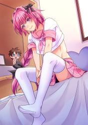 Rule 34 | 1boy, astolfo (fate), astolfo (sailor paladin) (fate), bad id, bad pixiv id, bed sheet, bedroom, between legs, black bow, black panties, blush, bow, braid, character doll, closed mouth, comma32, commentary request, crop top, crop top overhang, day, dutch angle, fate/apocrypha, fate (series), feet, foot focus, fujimaru ritsuka (male), hair bow, hand between legs, highres, indoors, leaning forward, lips, long hair, looking at viewer, male focus, miniskirt, neckerchief, no shoes, official alternate costume, on bed, own hands together, panties, pantyshot, pink hair, pink neckerchief, pink sailor collar, pink skirt, pleated skirt, purple eyes, sailor collar, school uniform, serafuku, shirt, short sleeves, single braid, sitting, skirt, sleeve cuffs, smile, solo, stomach, thighhighs, toned, toned male, trap, underwear, upskirt, v arms, white shirt, white thighhighs