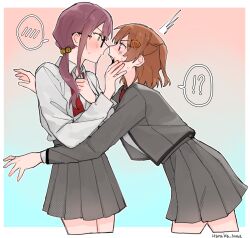 Rule 34 | !?, 2girls, aijou karen, blue background, blush, bow, bowtie, brown hair, closed mouth, collared shirt, commentary, cowboy shot, crown hair ornament, english commentary, eye contact, glasses, gradient background, green eyes, grey jacket, grey skirt, haruka 3442, highres, hoshimi junna, jacket, long hair, long sleeves, looking at another, multiple girls, open mouth, pink background, pleated skirt, ponytail, purple hair, red bow, red bowtie, red eyes, seishou music academy uniform, sharp teeth, shirt, shoujo kageki revue starlight, skirt, spoken blush, spoken interrobang, sweat, teeth, two side up, white shirt, yuri