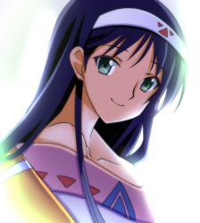 Rule 34 | 1girl, bare shoulders, blue hair, closed mouth, green eyes, hairband, highres, long hair, looking at viewer, lucia (lunar), lunar, lunar 2: eternal blue, senomoto hisashi, simple background, smile, solo, white background