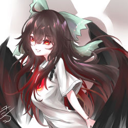 Rule 34 | 1girl, 4 shika, bird wings, black wings, bow, breasts, brown hair, collared shirt, commentary request, frilled shirt collar, frills, green bow, grin, hair between eyes, hair bow, highres, long hair, looking at viewer, medium breasts, orange eyes, radiation symbol, reiuji utsuho, shirt, short sleeves, signature, smile, solo, third eye, third eye on chest, touhou, upper body, white shirt, wings