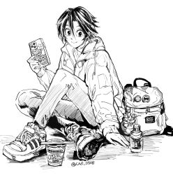 Rule 34 | 1girl, arm support, backpack, badge, bag, bottle, button badge, cellphone, character sticker, closed mouth, cross-laced footwear, crossed ankles, cup ramen, eyeshield 21, greyscale, hair between eyes, holding, holding phone, hood, hooded jacket, jacket, monochrome, pants, phone, shoes, short hair, simple background, sitting, smartphone, smile, sneakers, solo, sticker, taki suzuna, twitter username, ueda-pix