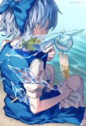 1girl aokihatoba_01 blue_bow blue_eyes blue_hair blue_skirt blue_vest bow cirno commentary_request detached_wings frozen_frog hair_bow highres ice ice_wings shirt short_hair short_sleeves sitting skirt solo touhou twitter_username vest white_shirt wings