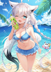 Rule 34 | 1girl, ;d, ahoge, animal ears, beach, bikini, bikini skirt, black tail, blue bikini, blue eyes, blush, bottle, bottle to cheek, braid, breasts, cleavage, collarbone, crossed bangs, day, ear piercing, fang, fox ears, fox girl, fox tail, frilled skirt, frills, front-tie top, hair between eyes, halterneck, highres, holding, holding bottle, hololive, horizon, large breasts, long hair, looking at viewer, low twintails, multicolored tail, navel, ocean, one eye closed, open mouth, outdoors, piercing, retsuto, shirakami fubuki, shirakami fubuki (hololive summer 2019), side braid, sidelocks, skin fang, skirt, sky, smile, solo, standing, swimsuit, tail, twintails, virtual youtuber, white hair, white tail