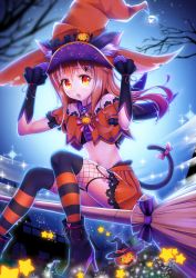 Rule 34 | 1boy, androgynous, animal ears, bare shoulders, blush, boots, cat ears, cat tail, fake animal ears, fake tail, gloves, halloween, halloween costume, hat, long hair, looking at viewer, natsusora wakana, navel, night, night sky, novady, orange eyes, orange hair, original, shiny skin, sitting, sky, solo, tail, trap, wide hips, witch hat