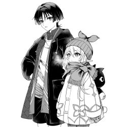 Rule 34 | 1boy, 1girl, alternate costume, backpack, bag, caramelo game, commentary request, contemporary, genshin impact, greyscale, hand in pocket, hat, height difference, highres, jacket, long hair, monochrome, nahida (genshin impact), open clothes, open jacket, pointy ears, scaramouche (cat) (genshin impact), scaramouche (genshin impact), scarf, short hair, simple background, winter clothes