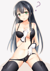 Rule 34 | 10s, 1girl, ?, agano (kancolle), bad id, bad pixiv id, black bra, black hair, black panties, black thighhighs, bow, bow panties, bra, breasts, doyachii, doyatii, gloves, green eyes, highres, kantai collection, lace, lace-trimmed bra, lace trim, large breasts, lingerie, long hair, looking at viewer, navel, open bra, panties, parted lips, solo, thighhighs, underwear, underwear only, undressing, untied