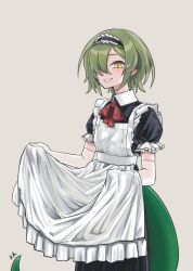 Rule 34 | 1boy, absurdres, alternate costume, apron, apron lift, bill (black souls), black dress, black souls, bow, bowtie, clothes lift, collared dress, constricted pupils, dress, earrings, elbow gloves, enmaided, frilled apron, frilled sleeves, frills, gloves, green hair, green tail, grey background, grin, hair over one eye, highres, jewelry, light blush, lizard tail, looking at viewer, maid, maid apron, maid headdress, male focus, rabbit king, red bow, red bowtie, short hair, simple background, smile, solo, tail, trap, white apron, white gloves, yellow eyes