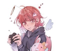 Rule 34 | 1girl, ahoge, backpack, bag, black jacket, blush, bow, commentary request, controller, danganronpa (series), danganronpa 2: goodbye despair, detached wings, ear bow, enppu (nf vn nv), game controller, grey background, grin, halo, heart, holding, holding controller, hood, jacket, long sleeves, looking at viewer, monomi (danganronpa), nanami chiaki, pink eyes, pink hair, short hair, simple background, smile, spaceship hair ornament, tearing up, teeth, upper body, white background, wings