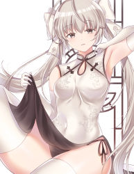 Rule 34 | 1girl, arm up, armpits, bare shoulders, black panties, blush, breasts, china dress, chinese clothes, clothes lift, covered navel, dragon print, dress, dress lift, elbow gloves, floral print, gloves, grey eyes, hair between eyes, hair ribbon, hand up, highres, kasugano sora, leg up, lemode, lifting own clothes, long hair, looking at viewer, medium breasts, on chair, panties, parted lips, ribbon, side-tie panties, silver hair, sitting, solo, thighhighs, thighs, twintails, underwear, very long hair, white background, white dress, white gloves, white ribbon, yosuga no sora