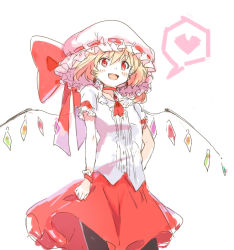 Rule 34 | 1girl, bad id, bad pixiv id, black pantyhose, blonde hair, blush, bow, brooch, choker, earrings, fang, female focus, flandre scarlet, hat, hat bow, hat ribbon, heart, jewelry, large bow, open mouth, pantyhose, red eyes, ribbon, short hair, side ponytail, simple background, sketch, skirt, smile, solo, spoken heart, touhou, ume (plumblossom), white background, wings, wrist cuffs