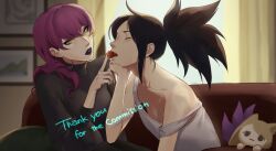 Rule 34 | 2girls, ahri (league of legends), akali, artist name, bare arms, bare shoulders, black hair, black sweater, blurry, blurry background, breasts, character doll, cleavage, closed eyes, commission, couch, english text, evelynn (league of legends), feeding, food, fruit, grey shirt, highres, indoors, k/da (league of legends), k/da ahri, k/da akali, k/da evelynn, large breasts, league of legends, long hair, long sleeves, multiple girls, off shoulder, ponytail, purple hair, shirt, sitting, strawberry, sweater, wosashimi, yuri