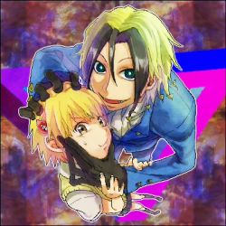 Rule 34 | 00s, 1boy, 1girl, blonde hair, dyed bangs, grin, ha.skr (hasukara), hand on another&#039;s face, hand on another&#039;s head, katsuragi yako, looking at viewer, lowres, majin tantei nougami neuro, multicolored hair, nougami neuro, perspective, school uniform, smile